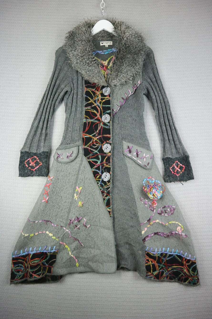 Papillon Gray Wool Blend Faux Fur Collar Embroidered Long Cardigan Coat M